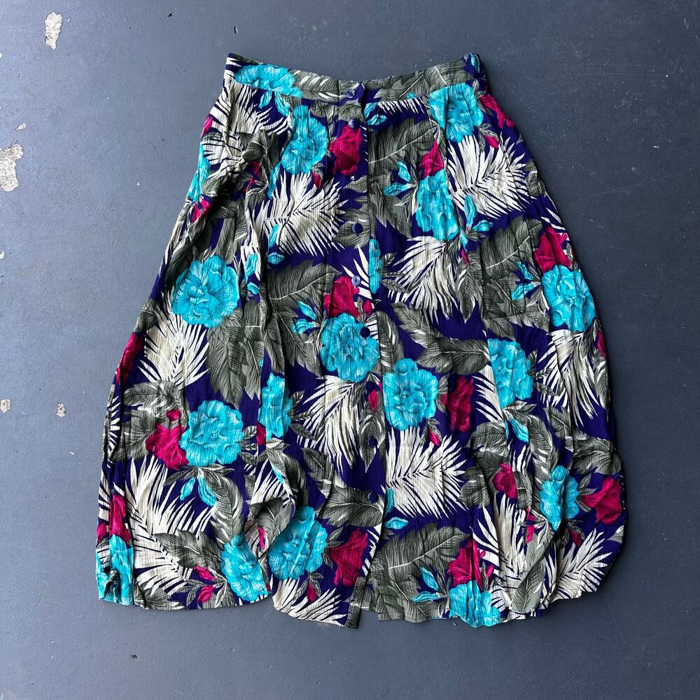 SAG HARBOR Tropical Floral Button Front Midi Skirt Rayon Vintage Size Large